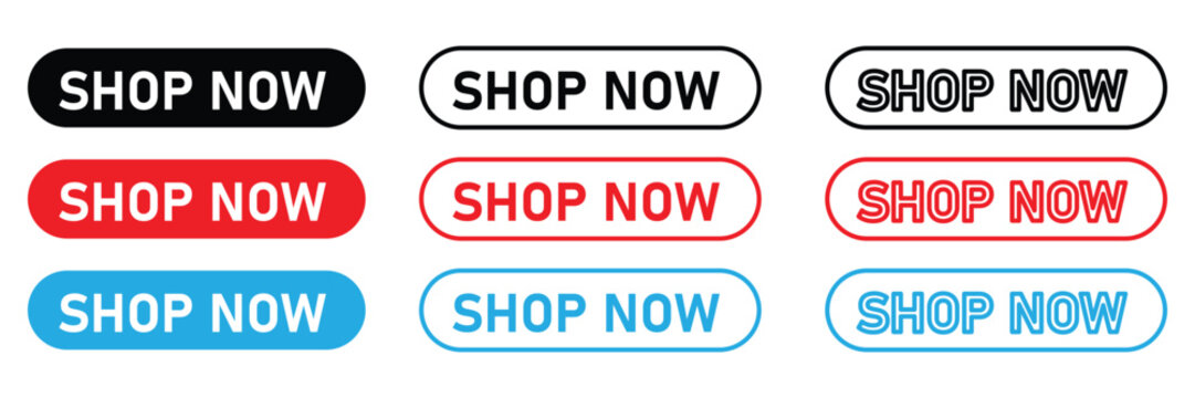 Colourful shop now buttons set for online shopping and eCommerce websites