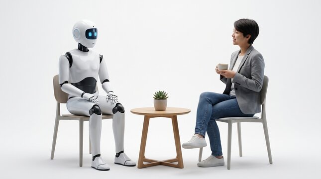 Smiling woman and humanoid robot having conversation over coffee