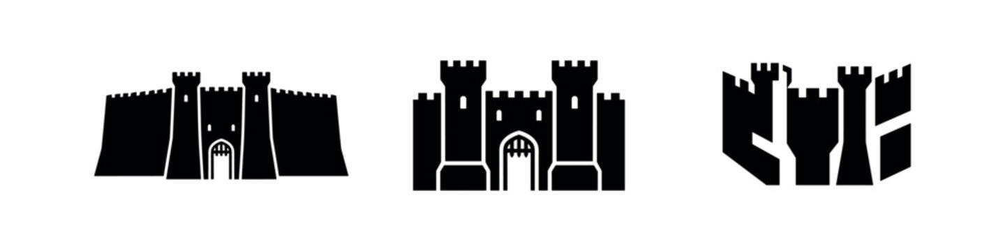 Attack on Titan castle fortress vector icon set. Paradis island stronghold silhouette illustration.