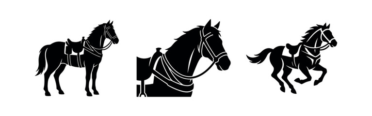 Fototapeta premium Horse with saddle and bridle vector icon set. Equestrian animal silhouette illustration.