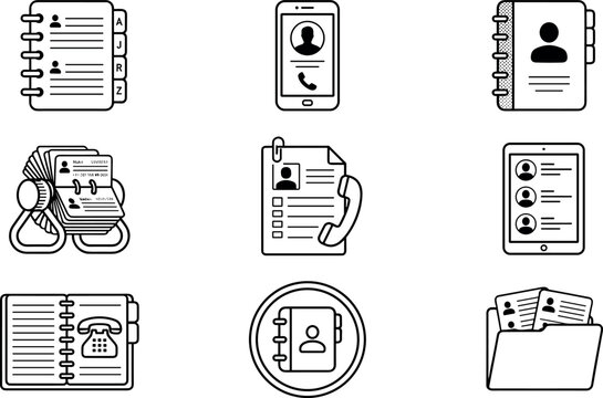 Business Contact Directory and Address Book Line Icon Set Featuring Rolodex, Smartphone Contacts, Document Files, Folders, and Phone Dialing Symbols for Office Communications