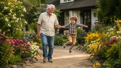 Fototapeta premium Grandfather and Grandson Running Hand in Hand Through Flower Garden