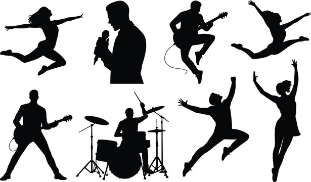 Dynamic music band silhouette collection singers guitarists drummers and dancers in action