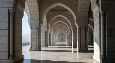Fototapeta premium Elegant arched colonnade of a stone building, leading to a misty horizon, bathed in sunlight