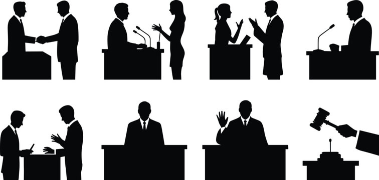 Legal proceedings silhouette collection courtroom scenes negotiation and judicial authority