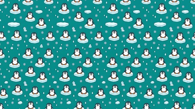 Cute pixel art penguin pattern on teal background