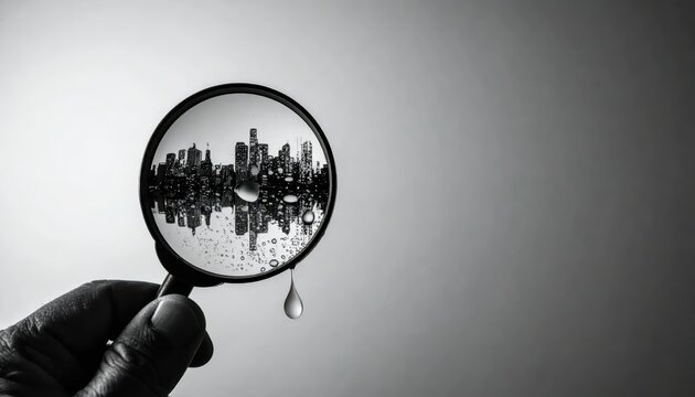 Conceptual black and white photo of a hand holding a magnifying glass focusing on a wet city skyline, featuring a single falling water drop and generous copy space for text.