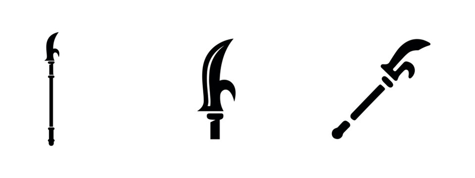 Chinese Guandao Halberd Polearm Weapon Icons, Ancient Warrior Blade Silhouette Set, Eastern Martial Arts Spear Vector Graphics