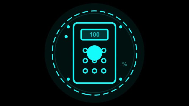 Glowing neon cyan calculator icon with futuristic circular HUD elements on a dark black background, digital interface technology design illustration