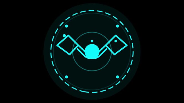 Futuristic sci-fi HUD interface icon with cyan neon signaling flags inside a concentric digital circular radar display on black background