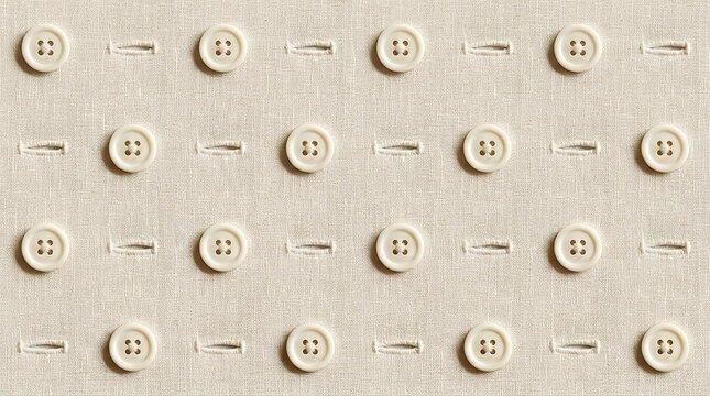 Pattern of white buttons and buttonholes on beige linen fabric
