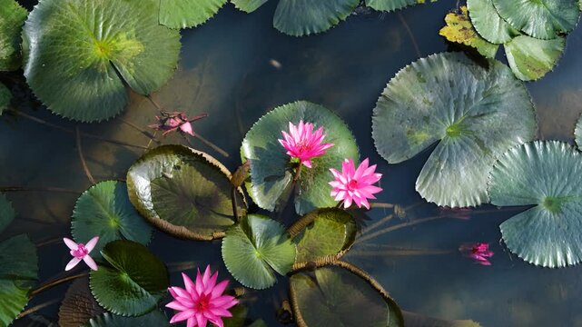 Beautiful vibrant pink lotus flowers blooming peacefully on a calm dark stream, surrounded by large green lily pads in a serene natural environment.