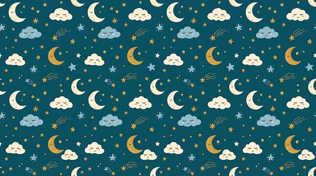 Cute night sky seamless pattern with sleeping clouds and stars