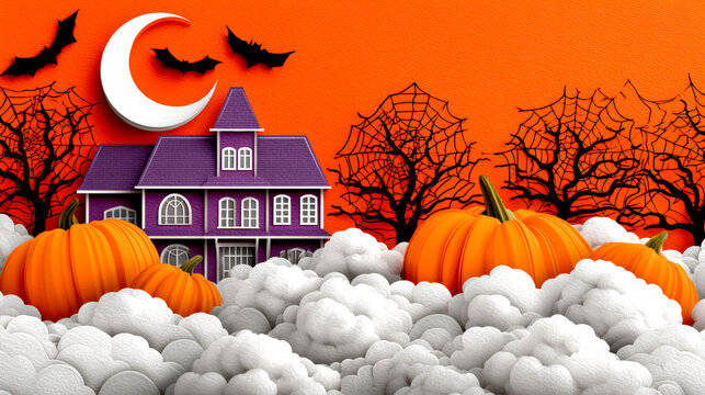 Paper cut Halloween scene with haunted house pumpkins bats moon and spiderwebs