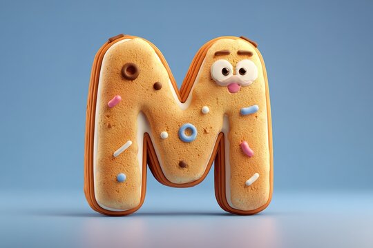 cute cartoon style 3d "M" letter with the biscuit texture and shape 