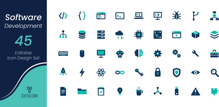 Software development icon set, 45 editable vector icons for programming, coding, and web development projects transparent background
