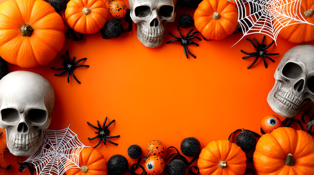 Halloween flat lay frame with pumpkins skulls spiders webs and copy space
