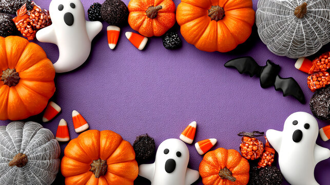 Halloween frame with pumpkins ghosts bat candy and purple copy space background