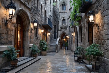 Fototapeta premium Charming cobblestone alleyway in Barcelona with lanterns and plants at dusk