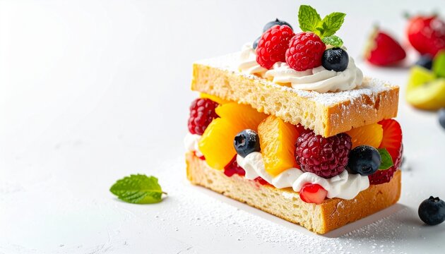 Fruit sando Japanese sandwich with colorful fresh fruit and whipped cream on a white background with copy space, premium dessert photography
