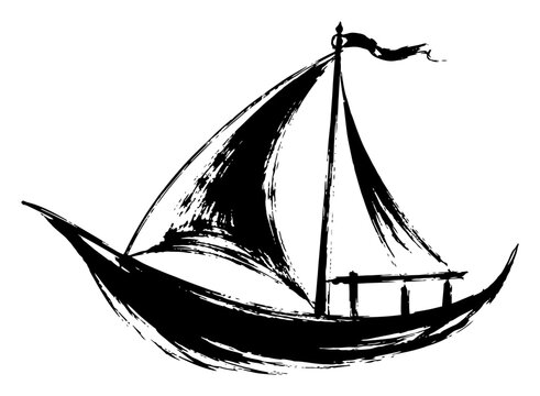 Traditional dhow sailboat on water in minimalist ink brush style