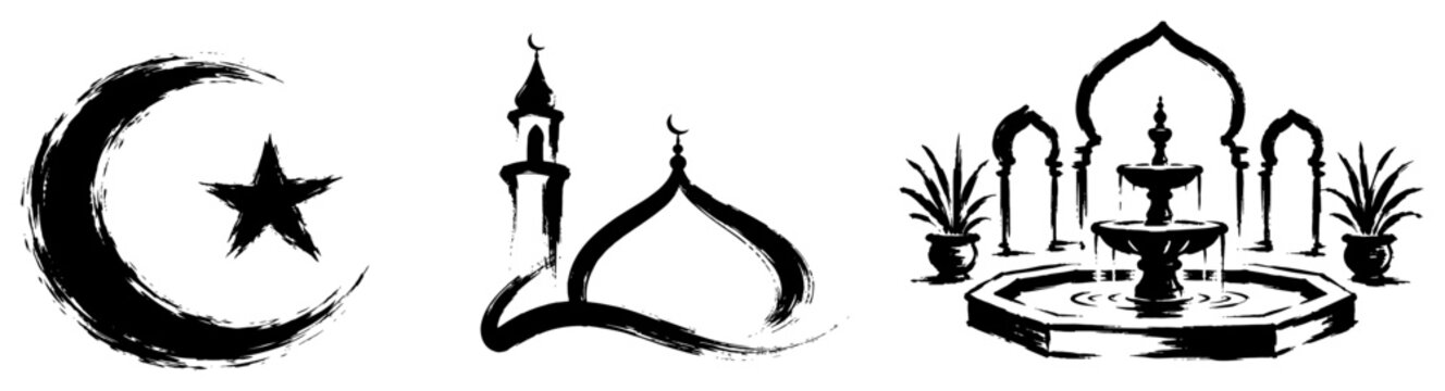 Islamic symbols and mosque architecture with oriental fountain in minimalist black ink brush style