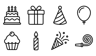 Fototapeta premium Modern Birthday Party Black Outline Vector Icon Collection