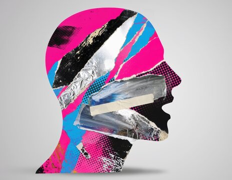 Abstract Collage of Human Head Profile with Vibrant Geometric Patterns.