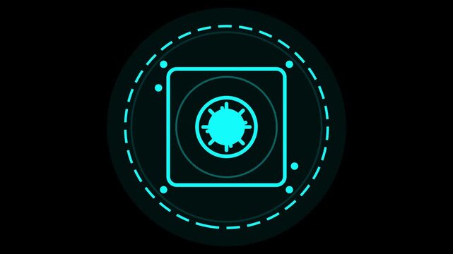 Futuristic glowing digital cassette tape icon, circular emblem with geometric patterns and neon blue lights on a dark background, evoking a sense of retro-tech