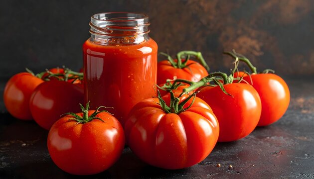 Tomates rojos maduros junto a un tarro de salsa de tomate sobre superficie oscura en composici&oacute;n gastron&oacute;mica r&uacute;stica