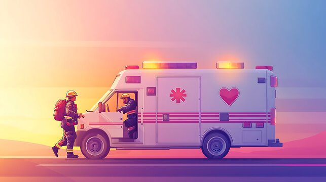 Emergency Medical Response Team Standing by Ambulance During Golden Hour at Sunset