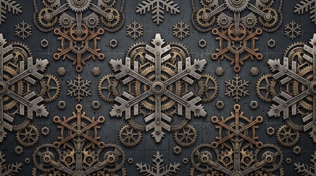 Steampunk Gear Snowflake Metallic Pattern Design