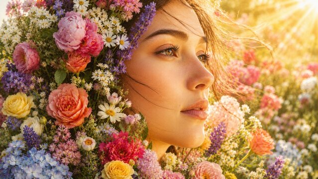Artistic Double Exposure Silhouette Portrait of Beautiful Woman Filled with Vibrant Garden Flowers