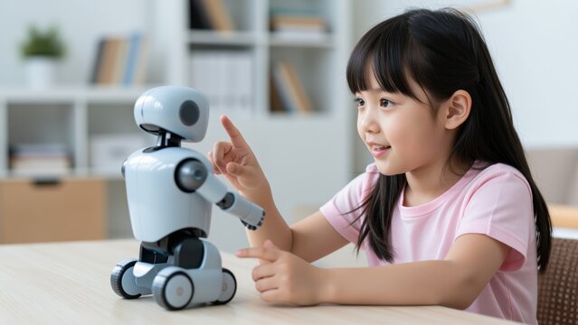 Robot Companion for a Child: A young girl curiously interacts with a small, friendly robot, exploring the future of technology and education in a bright, modern setting.