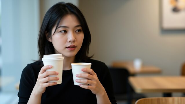 Contemplative Coffee Break: A young woman with dark hair sits in a cafe, holding two coffee cups, her gaze thoughtful and distant as she enjoys a moment of quiet reflection.