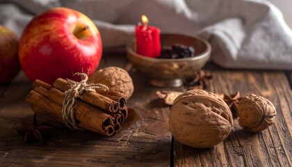 Composición otoñal con manzana roja, nueces, ramas de canela y vela sobre mesa de madera rústica © EBG Stock Studio