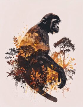 Double exposure of spider monkey with forest landscape art illustration