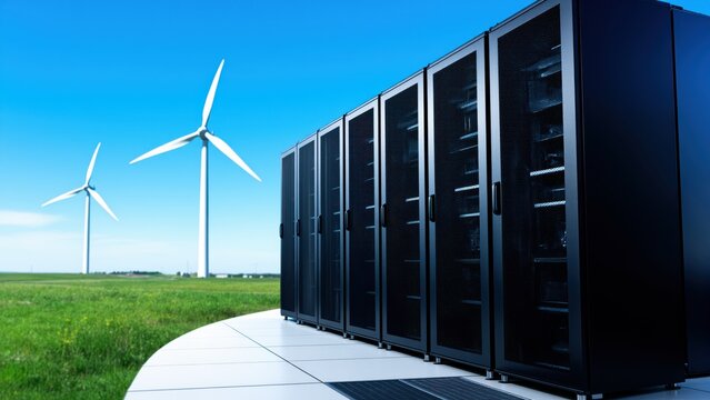 Data Center Meets Renewable Energy: A row of imposing server racks stands against a backdrop of wind turbines and a clear blue sky.