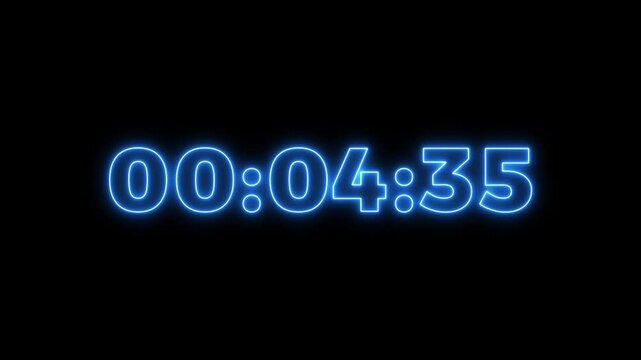 5 minute stopwatch , analog neon clock icon animation for five to zero second . 5 minute countdown timer, Dynamic 5 minute countdown timer with blue neon.