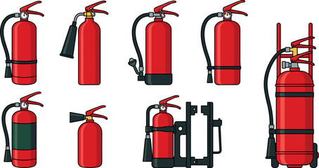 Obraz premium Fire Extinguisher Vector Set with Different Red Protection Tanks Wheeled Cart and Wall Mount Bracket for Emergency Firefighting Equipment Icon Illustration