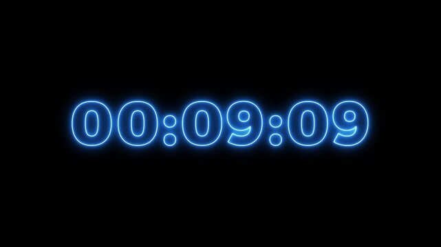 10 minute stopwatch , analog neon clock icon animation for ten to zero second . 10 minute countdown timer, Dynamic 10 minute countdown timer with blue neon.