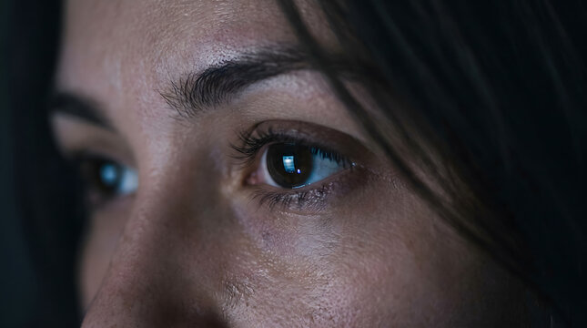 Close up of young woman staring at smartphone screen in dark bedroom addicted to social media and news feed at night