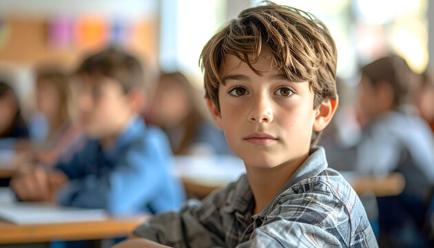 Estudiante joven sentado en un aula escolar mirando a c&aacute;mara con compa&ntilde;eros desenfocados al fondo