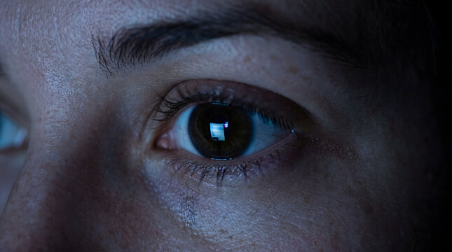 Doomscrolling habit close up woman eye looking at mobile phone screen light reflection in dark bedroom at midnight