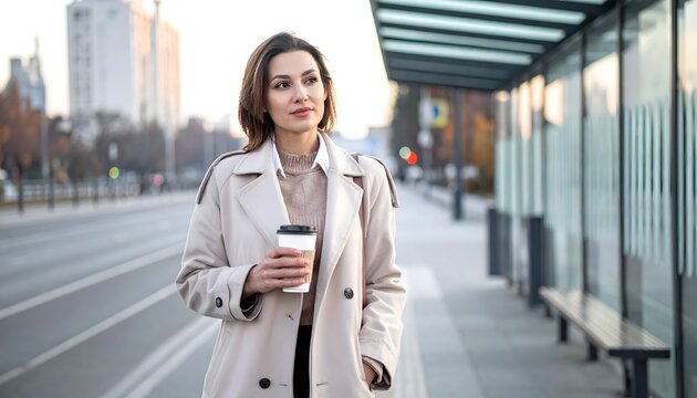 Mujer de negocios caminando por una calle urbana con vaso de caf&eacute; para llevar junto a edificios modernos