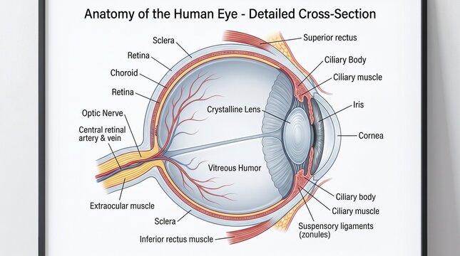 Detailed Medical Illustration of the Human Eye Anatomy Showing Labels and Cross-Section Structure