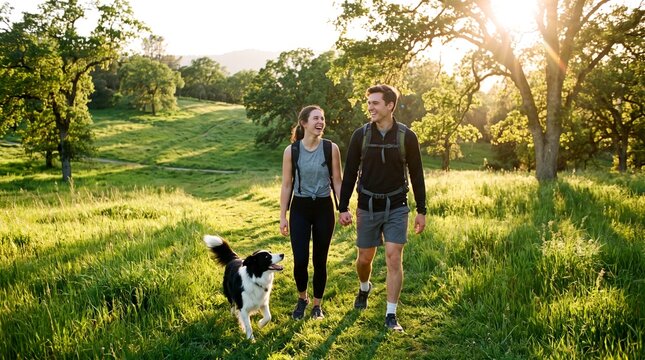 Happy young couple hiking with their dog in a beautiful grassy meadow during sunset