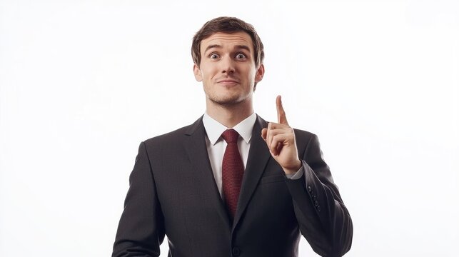 A man in a formal black suit and red tie is pointing upwards with his right index finger, seemingly in a moment of realization or explanation.