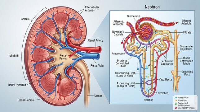 Detailed Medical Illustration of Human Kidney Anatomy and Nephron Structure Showing the Renal Filtration and Reabsorption Process