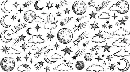 Hand drawn black ink celestial night sky elements set featuring sketchy moon crescent stars shooting meteors and clouds.eps © MDACHIB